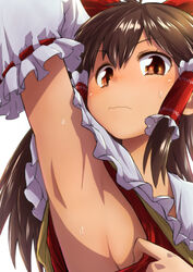  armpits bow brown_eyes brown_hair detached_sleeves female frilled_hair_tubes frills hair_between_eyes hair_tubes hairbow hakurei_reimu long_hair looking_at_viewer red_bow red_shirt ribbon-trimmed_sleeves ribbon_trim sailor_collar shirt sleeveless sleeveless_shirt solo sweatdrop takumi117 touhou upper_body white_background white_sailor_collar white_sleeves 