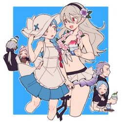  2boys 4girls alternate_costume ascot bare_shoulders bikini bikini_skirt black_bow black_dress black_hairband black_shirt blue_background blue_dress blue_hair blush border bow braid braided_ponytail brown_eyes closed_eyes corrin_(female)_(fire_emblem) corrin_(female)_(summer)_(fire_emblem) corrin_(fire_emblem) do_m_kaeru dress felicia_(fire_emblem) fire_emblem fire_emblem_fates fire_emblem_heroes flora_(fire_emblem) flower flower_necklace forehead_jewel gradient_hair grey_hair gunter_(fire_emblem) hair_between_eyes hair_flower hair_ornament hairband hairbow hat holding holding_tray jakob_(fire_emblem) lilith_(fire_emblem) long_hair looking_at_another maid multicolored_hair multiple_boys multiple_girls navel official_alternate_costume open_mouth outside_border pink_flower pink_hair pointy_ears ponytail profile purple_eyes purple_flower purple_hair red_eyes red_hair shirt siblings signature simple_background sisters skirt smile stomach strapless strapless_dress swimsuit thigh_strap tray twins twintails two-tone_hair white_ascot white_bikini white_border white_bow white_headwear white_skirt 