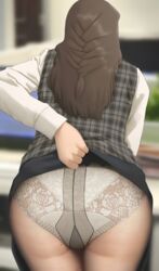  ass blurry blurry_background brown_hair clothes_lift commentary_request facing_away female from_behind gusset highres lace lace_panties leaning_forward lifting_own_clothes long_hair long_sleeves mole mole_on_ass office_lady original panties panties_under_pantyhose pantyhose plaid plump ryokucha_michi see-through see-through_legwear skirt skirt_lift solo standing underwear white_panties 