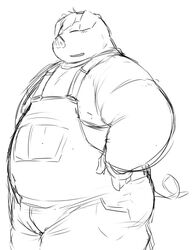  2014 anthro chiro_(artist) closed_eyes clothing domestic_pig kemono male mammal monochrome moobs overalls overweight overweight_anthro overweight_male simple_background solo suid suina sus_(pig) white_background 