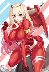  absurdres blonde_hair bodysuit breasts cosplay darling_in_the_franxx ear_piercing female highres impossible_bodysuit impossible_clothes kitagawa_marin large_breasts long_hair looking_at_viewer nez-box piercing red_eyes smile solo sono_bisque_doll_wa_koi_wo_suru thick_thighs thighs zero_two_(darling_in_the_franxx) zero_two_(darling_in_the_franxx)_(cosplay) 