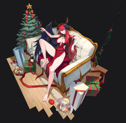  absurdres alcohol barefoot bottle box character_request christmas christmas_tree commentary_request couch dark_background doll drink female full_body gift gift_box glass_bottle highres jason_kim nail_polish panilla_the_revival red_eyes red_hair red_nails solo_focus 