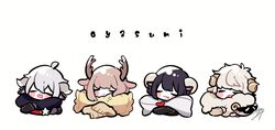  4boys ahoge animal_ears antlers black_hair brown_hair chibi closed_eyes cow_boy cow_boy_(tsubaki_tsubaru) cow_ears cow_horns crying curly_hair deer_antlers deer_boy deer_boy_(tsubaki_tsubaru) deer_ears goat_boy goat_boy_(tsubaki_tsubara) goat_ears goat_horns hair_between_eyes hitsuzi-kun horns hugging_object love_letter multiple_boys open_mouth original platinum_blonde_hair sheep_boy sheep_horns short_hair short_hair_with_long_locks signature sleeping sleeves_past_fingers sleeves_past_wrists stuffed_animal stuffed_sheep stuffed_toy tsubaki_tsubaru white_background white_hair 