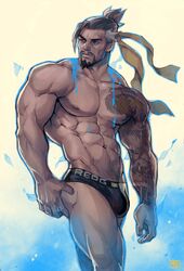  1boy abs arm_tattoo bara beard black_hair black_male_underwear briefs bulge facial_hair feet_out_of_frame hanzo_(overwatch) highres large_pectorals male_focus male_underwear mature_male muscular muscular_male navel navel_hair nipples overwatch overwatch_1 pectorals redgart short_hair sideburns solo standing stomach stubble tattoo topless_male underwear underwear_only 