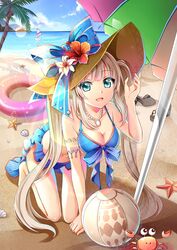  :d absurdres adjusting_clothes adjusting_headwear aqua_eyes ball bare_arms bare_legs bare_shoulders barefoot beach beach_umbrella beachball bikini blonde_hair blue_bikini blue_bow blue_eyes blue_sky bow breasts cleavage cloud coconut_tree crab fate/grand_order fate_(series) female flower full_body gyaza hand_on_ground hand_on_headwear hat hat_bow hat_flower hibiscus highres kneeling lens_flare long_hair looking_at_viewer marie_antoinette_(fate) marie_antoinette_(swimsuit_caster)_(fate) marie_antoinette_(swimsuit_caster)_(third_ascension)_(fate) ocean palm_tree pink_innertube sailing_ship sand sandals shell shoes sky smile solo starfish straw_hat sun_hat swimsuit tree twintails umbrella unworn_shoes very_long_hair 