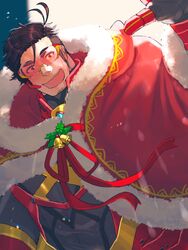  1boy :d bara bell black_bodysuit black_hair bodysuit cape christmas facial_hair fur-trimmed_cape fur_trim goatee_stubble head-mounted_display highres live_a_hero looking_at_viewer male_focus moon muscular muscular_male narihito_(live_a_hero) narihito_(the_comet)_(live_a_hero) night night_sky official_alternate_costume open_mouth outdoors red_cape red_ribbon ribbon shiratori_yokikana short_hair sideburns sky smile solo stubble undercut wavy_mouth 