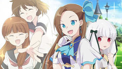  4girls :d bad_id bad_pixiv_id blue_bow blue_eyes bow brooch brown_hair clenched_hand closed_eyes day earrings elbow_gloves gloves green_ribbons hairbow hand_up hayashi_yoshiyuki jewelry katarina_claes long_hair monkey_girl_(hamefura) multiple_girls open_mouth otome_game_no_hametsu_flag_shika_nai_akuyaku_reijou_ni_tensei_shite_shimatta outdoors red_eyes ribbon sasaki_atsuko_(hamefura) school_uniform smile sophia_ascart upper_body white_gloves white_hair 