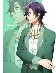  1boy arm_at_side artist_name ascot black_hair formal gold_trim green_suit hair_between_eyes looking_to_the_side male_focus medium_hair nicol_ascart otome_game_no_hametsu_flag_shika_nai_akuyaku_reijou_ni_tensei_shite_shimatta schick_sal simple_background solo standing suit zoom_layer 