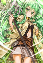  belt black_shirt bracelet breasts brown_belt brown_coat caam_serenity_of_gusto cleavage closed_mouth clothing_cutout coat collar commentary cowboy_shot crossed_bangs duel_monster female frown fuji_tarawi green_background green_eyes green_hair hair_between_eyes highres holding holding_staff hood hood_down hooded_coat jewelry long_hair long_sleeves looking_at_viewer low_ponytail medium_breasts navel navel_cutout necklace open_clothes open_coat ponytail shirt short_shorts shorts sidelocks solo staff standing twitter_username white_shorts yu-gi-oh! 