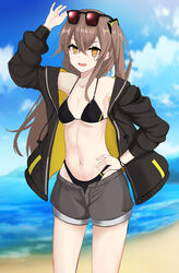  beach bikini black_bikini black_jacket breasts brown_eyes brown_hair cloud cloudy_sky day eyewear_on_head feet_out_of_frame female girls&#039;_frontline grey_shorts hair_ornament hairclip highres jacket koenza_botoke long_hair looking_at_viewer navel ocean one_side_up open_clothes open_jacket open_mouth outdoors scar scar_across_eye shorts sky small_breasts smile solo standing sunglasses swimsuit ump45_(girls&#039;_frontline) 