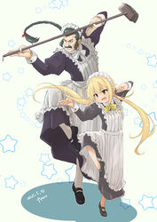  1boy absurdres alternate_costume apron black_dress black_hair blonde_hair braid broom crossdressing crossover dress enmaided facial_hair female fighting_stance frilled_apron frilled_dress frills full_body fyuo g_gundam gundam highres kantai_collection long_hair maid master_asia moustache pose satsuki_(kancolle) single_braid standing standing_on_one_leg starry_background twintails white_apron white_background yellow_eyes 