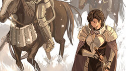  1boy 2others animal armor armored_boots arthur_(bealphareth) bad_id bad_pixiv_id barding bealphareth black_hair boots breastplate cape cavalry closed_mouth day expressionless faulds from_above gauntlets grass greaves harusame_(rueken) holding holding_polearm holding_sword holding_weapon horse horseback_riding knight looking_to_the_side male_focus metal multiple_others out_of_frame outdoors pauldrons plate_armor polearm poleyn reins riding saddle sheath shoulder_armor sidelocks snow snowing spear standing stirrups_(riding) sunlight sword unsheathing vambraces weapon white_armor 