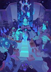  1boy 4girls animal_ears aoandon bento black_hair candle dango folding_screen food ghost highres horns hououka_(onmyoji) instrument japanese_clothes lantern long_hair mask mouba_(onmyoji) multiple_girls off_shoulder oni_horns onmyoji skeleton skeleton_print skull sushi tablecloth traditional_youkai under_the_table wagashi white_hair will-o&#039;-the-wisp_(mythology) yama_usagi_(onmyoji) youamo youko_(onmyoji) 