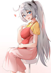  :d absurdres apron blue_eyes breasts closed_mouth commentary_request dress female gr_greeze gradient_background grey_hair hair_between_eyes hair_ornament hand_on_own_stomach head_tilt heart highres honkai_(series) honkai_impact_3rd kiana_kaslana kiana_kaslana_(herrscher_of_flamescion) large_breasts long_hair looking_at_viewer multicolored_hair open_mouth pink_dress ponytail pregnant red_apron red_hair shirt short_sleeves simple_background sitting smile solo stool streaked_hair teeth upper_teeth_only white_background yellow_shirt 