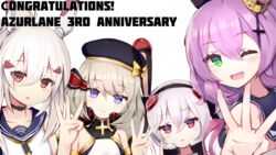  4girls ;d absurdres animal_ears anniversary ayanami_(azur_lane) ayanami_(retrofit)_(azur_lane) azur_lane bare_shoulders beret black_choker black_hairband black_headwear black_ribbon blue_sailor_collar blush bow choker collarbone commentary_request congratulations cross cross_hair_ornament crown fake_animal_ears fuki_to_takenoko green_eyes hair_between_eyes hair_ornament hair_ribbon hairband hairbow hat head_tilt headgear headphones headphones_around_neck high_ponytail highres iron_cross javelin_(azur_lane) javelin_(retrofit)_(azur_lane) laffey_(azur_lane) laffey_(retrofit)_(azur_lane) light_brown_hair long_hair looking_at_viewer middle_w mini_crown multiple_girls neckerchief one_eye_closed open_mouth orange_eyes parted_lips platinum_blonde_hair ponytail purple_eyes purple_hair purple_neckerchief rabbit_ears red_eyes ribbon sailor_collar school_uniform serafuku shirt short_hair sidelocks simple_background sleeveless sleeveless_shirt smile striped striped_bow tilted_headwear twintails upper_body w white_background white_hair white_shirt yellow_neckerchief z23_(azur_lane) z23_(retrofit)_(azur_lane) 