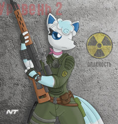  6_tails alolan_form alolan_vulpix anthro aurora_ledekova blue_eyes clock clothed clothing concrete_wall eyelashes female fingerless_gloves fully_clothed fur gas_mask generation_1_pokemon generation_7_pokemon gloves green_clothing gun handwear hazard_symbol head_tuft hi_res holding_gun holding_object holding_ranged_weapon holding_weapon holster holstered_pistol looking_away mask multi_tail ninjatreecko nintendo pokemon pokemon_(species) pokemorph portrait radiation_symbol ranged_weapon regional_form_(pokemon) rifle russian_text s.t.a.l.k.e.r. scarf sniper_rifle solo standing symbol tail text three-quarter_portrait translated tuft wall_(structure) watch weapon white_body white_fur 