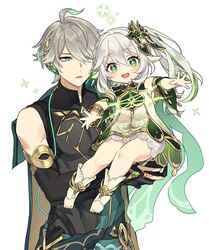  1boy :d ahoge alhaitham_(genshin_impact) black_gloves black_shirt bloomers blush carrying carrying_person chest_jewel commentary cross-shaped_pupils dress elbow_gloves feet female gem genshin_impact gloves green_eyes green_gemstone grey_hair hair_between_eyes hair_ornament highres jewelry kokotendon long_hair looking_at_viewer nahida_(genshin_impact) open_mouth parted_lips partially_fingerless_gloves pointy_ears ring shirt short_hair shoulder_cape simple_background sleeveless sleeveless_dress sleeveless_shirt smile symbol-shaped_pupils toeless_footwear underwear white_background white_bloomers white_dress white_footwear white_hair 