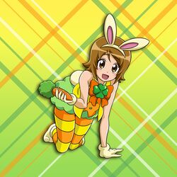  :d all_fours animal_ears bow bowtie brown_eyes brown_hair commentary_request fake_animal_ears fake_tail female full_body gloves gradient_background green_background green_skirt hairband happinesscharge_precure! looking_at_viewer miniskirt nita_(onakatohoppe) oomori_yuuko open_mouth orange_bow orange_bowtie pantyhose precure rabbit_ears rabbit_tail short_hair skirt sleeveless smile solo striped_clothes striped_pantyhose tail white_gloves white_hairband yellow_background 