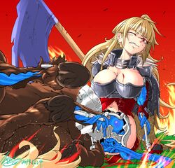  ahoge android areola_slip arm_support armor blonde_hair blood blue_flag blunt_bangs boobplate breastplate breasts capelet centaur chainmail cleavage_cutout clothing_cutout collar commentary damaged dated electricity female fire gradient_background grass hooves horse_tail knight large_breasts light_particles long_hair mechanical_parts metal_collar mixed-language_commentary monster_girl multiple_legs navel one_eye_closed original red_background red_eyes scar signature sweatdrop tail taur torn_capelet torn_clothes torn_flag zippedsquire 