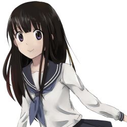  black_hair chitanda_eru commentary_request female hyouka kamiyama_high_school_uniform_(hyouka) kuma_panda long_hair purple_eyes school_uniform serafuku 