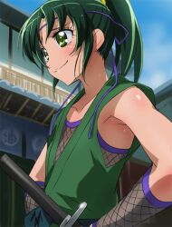  armpits bare_shoulders female fishnets green_eyes green_hair haruyama_kazunori midorikawa_nao ninja precure smile_precure solo sweat weapon 