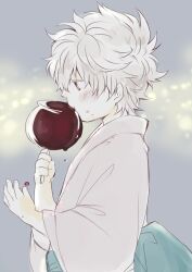  1boy aged_down bad_id bad_pixiv_id candy_apple eating food gintama lolicon male_focus red_eyes rokkasana sakata_gintoki solo white_hair 