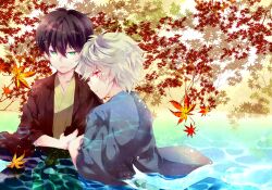  2boys aged_down black_hair commentary_request gintama green_eyes japanese_clothes kimono leaf lolicon male_focus maple_leaf multiple_boys partially_submerged photoshop_(medium) red_eyes sakata_gintoki takasugi_shinsuke white_hair wingtemple 