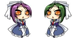  2girls android asakusa_(horizon) bodysuit chibi esoragoto green_hair kyoukai_senjou_no_horizon kyoukaisenjou_no_horizon maid multiple_girls purple_hair shinagawa_(horizon) yellow_eyes 