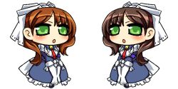  2girls android bodysuit brown_hair chibi esoragoto green_eyes kyoukai_senjou_no_horizon kyoukaisenjou_no_horizon maid multiple_girls oume_(horizon) takao_(horizon) 