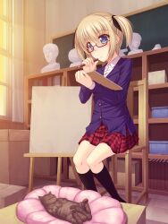  :3 black_socks blazer blonde_hair blue_eyes canvas_(object) chair commentary_request curtains easel feline female glasses hair_ribbon highres holding jacket kageira kneehighs original pencil plaid plaid_skirt ribbon sculpture shelf sitting skirt socks solo statue sunlight twintails window 