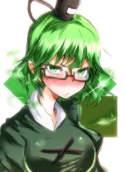  bespectacled blush commentary_request electricity female glasses green-framed_eyewear green_eyes green_hair hat pointing scowl semi-rimless_eyewear short_hair soga_no_tojiko solo takorice tate_eboshi touhou under-rim_eyewear upper_body 