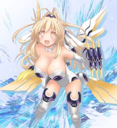  :d antenna_hair armor armpits bare_shoulders blonde_hair blush breasts claw_(weapon) cleavage commentary_request covered_nipples faulds female happy headgear highres jewelry kami_jigen_game_neptune_v large_breasts leaning_forward legs_apart leotard light_particles long_hair looking_at_viewer magical_girl neck_ring neon_trim neptune_(series) oerba_yun_fang open_mouth orange_eyes power_symbol power_symbol-shaped_pupils shadow shinjitsu_(true_ride) sideboob smile solo strapless strapless_leotard symbol-shaped_pupils thighhighs weapon white_thighhighs wings yellow_heart_(neptunia) 