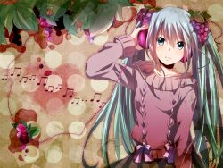  commentary_request female food fruit grapes hatsune_miku headphones long_hair musical_note solo sweater tsujiori twintails very_long_hair vocaloid 