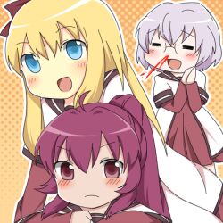  3girls bad_id bad_pixiv_id blonde_hair blood closed_eyes glasses ikeda_chitose long_hair lowres multiple_girls nanamori_school_uniform nosebleed nyotayohu ponytail purple_eyes purple_hair school_uniform serafuku short_hair sugiura_ayano toshinou_kyouko yuru_yuri 