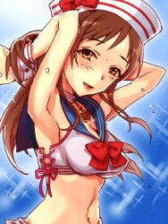  armpits arms_up arumaji_(kiss_kill_lila) beret blush breasts brown_hair choker cleavage commentary_request crop_top dixie_cup_hat female hat idolmaster idolmaster_cinderella_girls long_hair medium_breasts midriff military_hat navel nitta_minami open_mouth orange_eyes sailor_collar solo sweat wrist_cuffs 