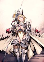  armor blonde_hair breasts commentary_request copyright_request earrings female flag halberd jewelry medium_breasts polearm purple_eyes short_hair solo thighs weapon yoshida_tooru 