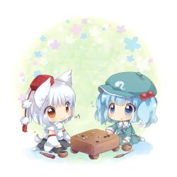  2girls :&lt; :3 animal_ears blue_eyes blue_hair blush board_game cattail chibi commentary_request ech go_(board_game) hair_bobbles hair_ornament hand_fan hat inubashiri_momiji kawashiro_nitori kneeling multiple_girls musical_note plant playing_games seiza short_hair sitting skirt smile sweatdrop tail tokin_hat touhou two_side_up 