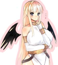  bare_shoulders blonde_hair blue_eyes blush breasts commentary_request cosplay female half_updo heart highres huatu_jiang huge_breasts light_smile long_hair mabinogi mabinogi_heroes morrighan morrighan_(cosplay) solo tieve translation_request wings 