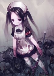  alteil black_eyes black_hair blood blood_on_face blood_on_hands commentary_request corpse crowbar female hat holding holding_crowbar kiran_(kiranpln) long_hair nurse photoshop_(medium) signature solo standing twintails watermark 