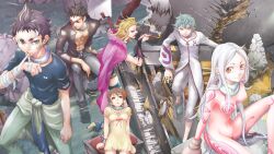  bandage black_hair blonde_hair bodysuit character_request choppurin_sukegawa deadman_wonderland dress eyepatch gloves green_eyes green_hair highres igarashi_ganta instrument long_hair mouth_hold official_art piano red_eyes sakigami_toto senji_kiyomasa shiro_(deadman_wonderland) short_hair smile takami_minatsuki thighhighs wallpaper white_hair 