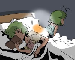  2girls alternate_costume antennae bed blanket book commentary_request green_hair kazami_yuuka light lying multiple_girls mundane_utility on_side onikobe_rin open_book pillow reading red_eyes short_hair touhou under_covers wriggle_nightbug 