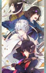  4boys black_hair brown_hair commentary_request fingerless_gloves gintama gloves hat highres japanese_clothes joui katana katsura_kotarou long_hair male_focus multiple_boys photoshop_(medium) sakamoto_tatsuma sakata_gintoki sword takasugi_shinsuke weapon white_hair zxs1103 