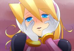  blonde_hair blue_eyes blush ciel_(mega_man) commentary_request female hands_on_own_cheeks hands_on_own_face m-zoner mega_man_(series) mega_man_zero_(series) open_mouth parody yandere_trance 