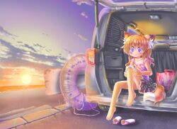  :3 animal_ears barefoot beach blush cloud clouds dark_skin feet female fox_ears fox_tail foxgirl innertube long_hair looking_at_viewer ocean orange_hair original outdoors purple_eyes renaoka shoies_removed sky solo sun sunset tail tan tan_lines tanline tube wallpaper 