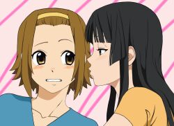  2girls akiyama_mio black_eyes black_hair blush brown_hair closed_eyes commentary_request hime_cut k-on! kissing long_hair looking_at_viewer multiple_girls namihey616 open_mouth portrait short_hair simple_background tainaka_ritsu yuri 