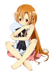  1boy absurdres asuna_(sao) bad_id bad_pixiv_id barefoot brown_eyes brown_hair dakimakura_(object) female highres hugging_object kirito long_hair pillow pillow_hug sakuraba_hikaru_(loveindog) sword_art_online 