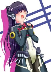  black_legwear blind bodysuit d: female female fingerless_gloves gloves hair_over_eyes kyoukai_senjou_no_horizon kyoukaisenjou_no_horizon mukai_suzu open_mouth purple_hair sikou solo tears 