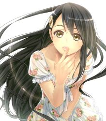  black_hair commentary dress female floral_print flower fumi_(butakotai) hands lips long_hair nail_polish original print_dress rose solo white_dress yellow_eyes 