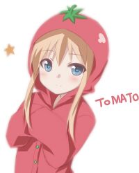  bad_id bad_pixiv_id blonde_hair blue_eyes female hands_in_opposite_sleeves kou89 long_hair long_sleeves pajamas sidelocks simple_background smile solo star_(symbol) tomato_costume toshinou_kyouko white_background yuru_yuri 