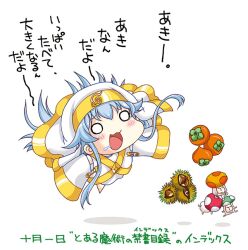  alternate_hair_color blue_hair chestnut chibi commentary_request female food fruit habit index_(toaru_majutsu_no_index) long_hair mushroom nun o_o persimmon robe safety_pin saliva solo suigetsu_koubou toaru_majutsu_no_index translated 